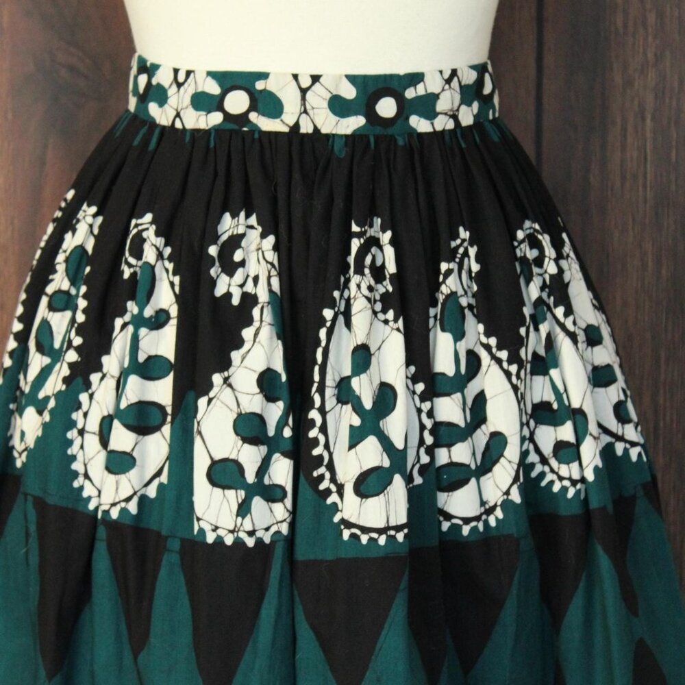 Vintage 1960s 1970s Skirt, Black Teal and White Maxiskirt, Batik Print, - Picture 3 of 10